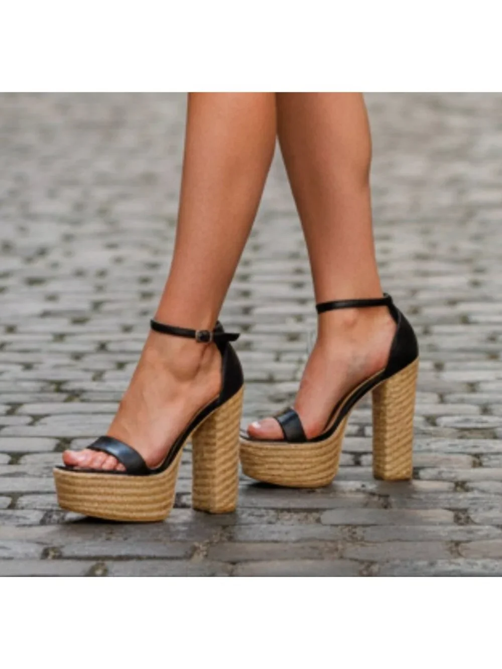 Black Platform High Heel Sandals With Woven Straw Sole & Ankle Strap Heel Chic